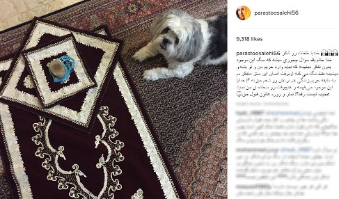 نمازخواندن خانم بازیگر در کنار سگ خانگی‌اش! +عکس
