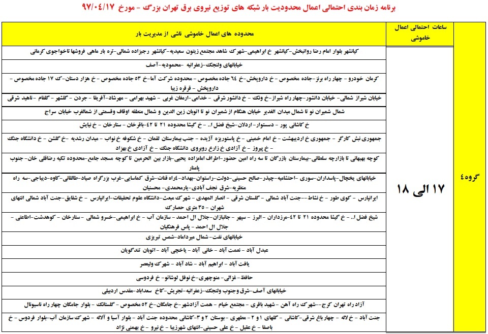 جدول زمانبندی قطعی برق تهرانی ها منتشر شد