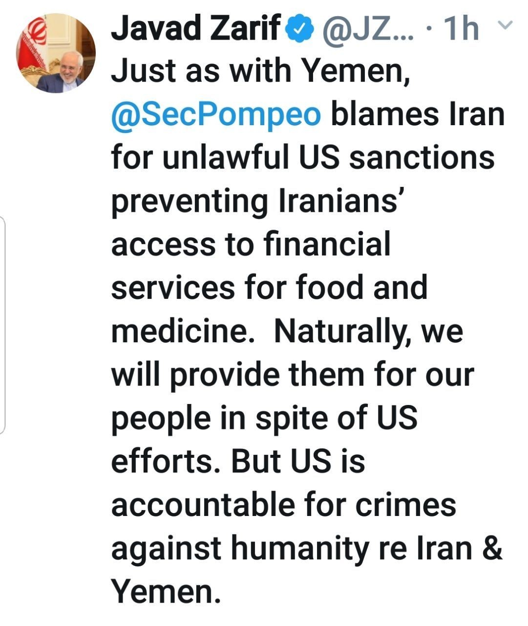 کنایه ظریف به فرافکنی آمریکا در مورد جنگ یمن و تحریمهای ایران