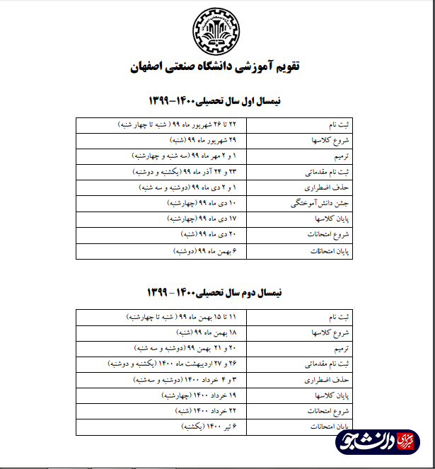 تقویم آموزشی سال تحصیلی ۱۴۰۰-۱۳۹۹ دانشگاه صنعتی اصفهان منتشر شد
