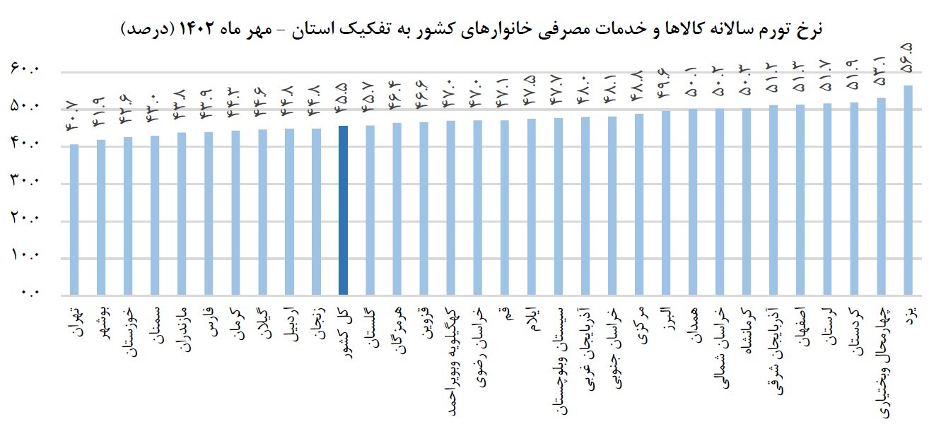 نرخ تورم کشور به ۴۵.۵ درصد رسید/ استان یزد؛ دارای بالاترین نرخ تورم