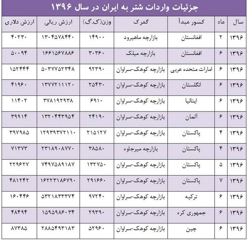 جدول واردات عجیب و غریب در دولت روحانی کامل شد/ شترهای آلمانی و ایتالیایی در راه ایران +جدول