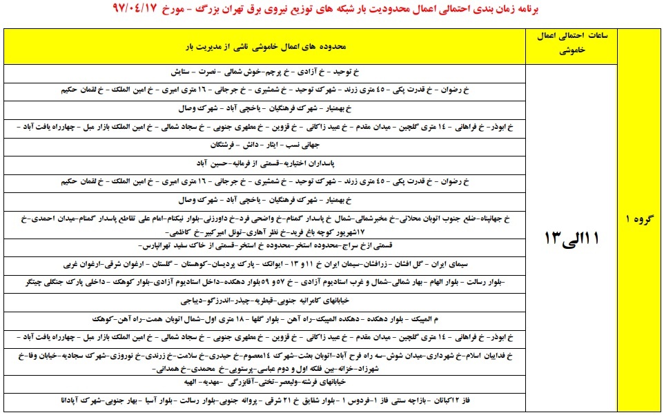 جدول زمانبندی قطعی برق تهرانی ها منتشر شد