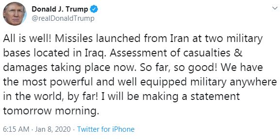 واکنش توئیتری رئیس جمهور آمریکا به پاسخ موشکی ایران