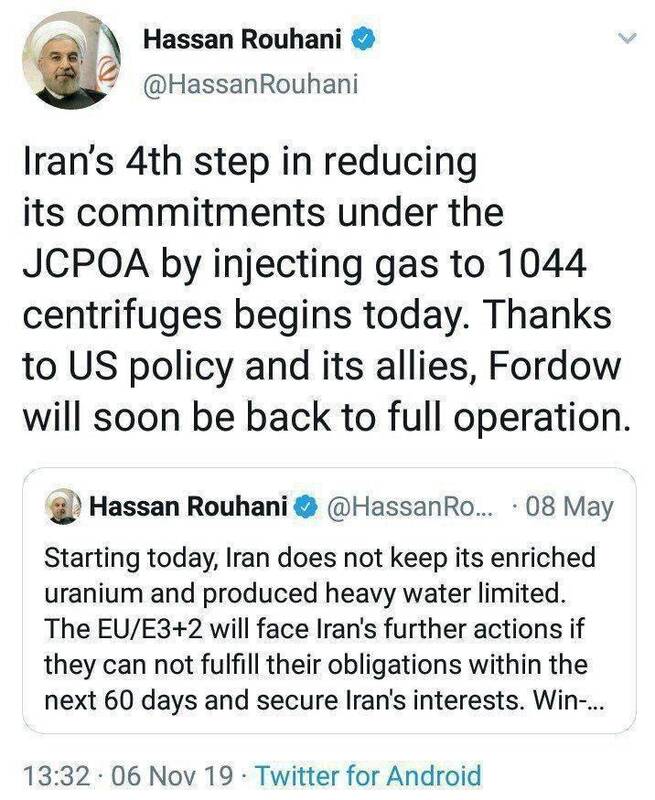 توئیت روحانی در خصوص گام چهارم کاهش تعهدات هسته‌ای ایران