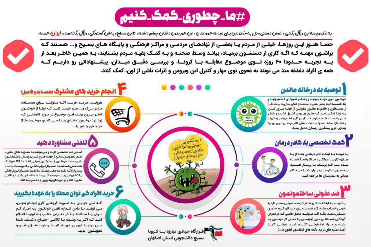 آماده///// بسیج دانشجویی اصفهان پیشنهاداتی درباره نحوه کمک مردم در مقابله با کرونا ارائه می‌کند
