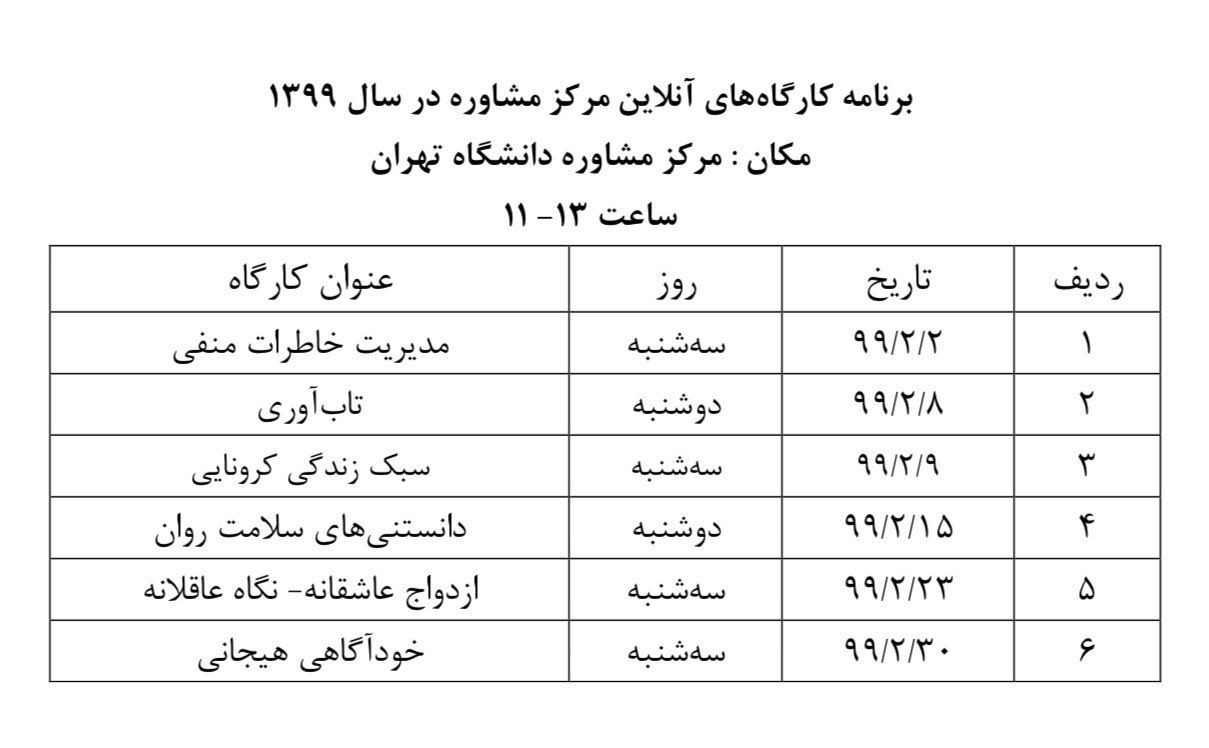 کارگاه‌های مشاوره آنلاین برای دانشجویان دانشگاه تهران برگزار می‌شود