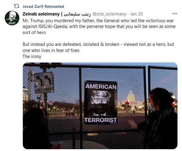 پیام توئیتری دختر شهید قاسم سلیمانی به ترامپ: همانند شخصی شدی که از ترس دشمنانش در خوف به سر می‌برد | ظریف بازنشر کرد