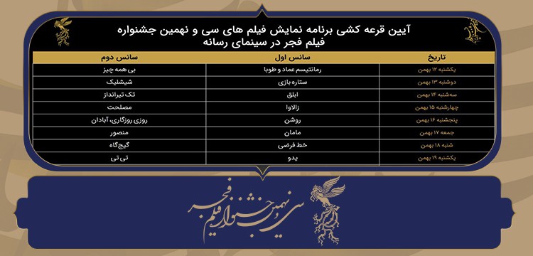 جدول نمایش آثار جشنواره فجر ۳۹ در سینمای رسانه قرعه‌کشی شد