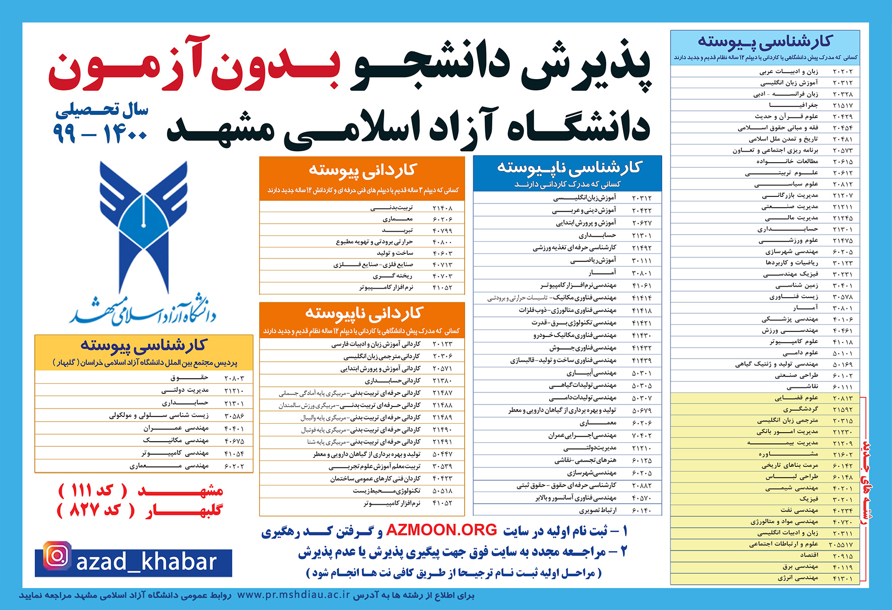 آماده///// ۱۷ رشته جدید به فهرست رشته‌های بدون آزمون دانشگاه آزاد مشهد افزوده شد