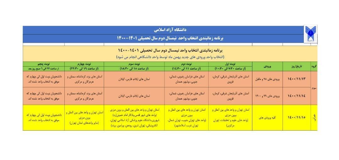 برنامه زمانبندی انتخاب واحد دانشجویان دانشگاه آزاد اسلامی به ۵ نوبت تقسیم شد