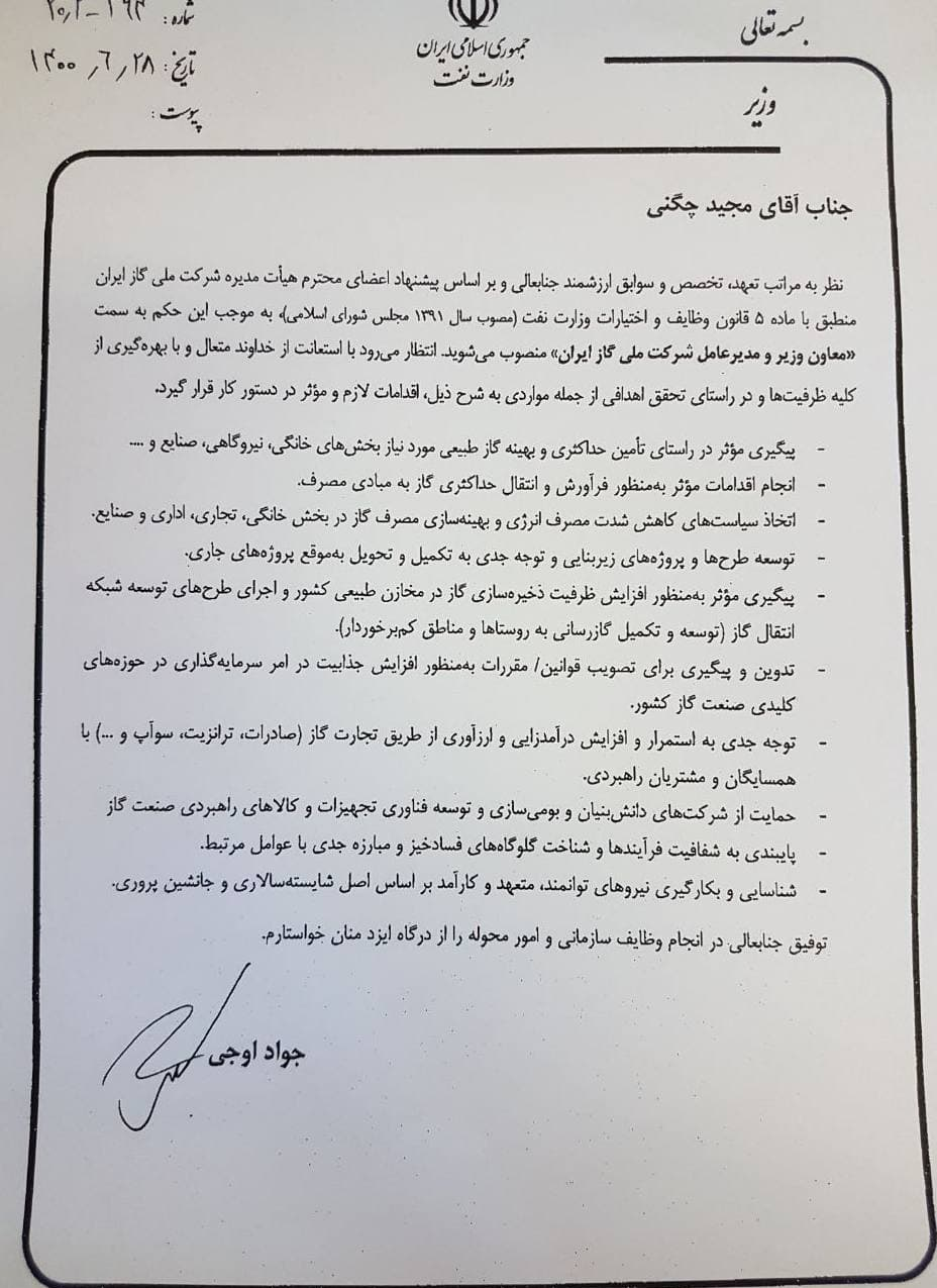مجید چگنی مدیرعامل جدید شرکت ملی گاز ایران شد