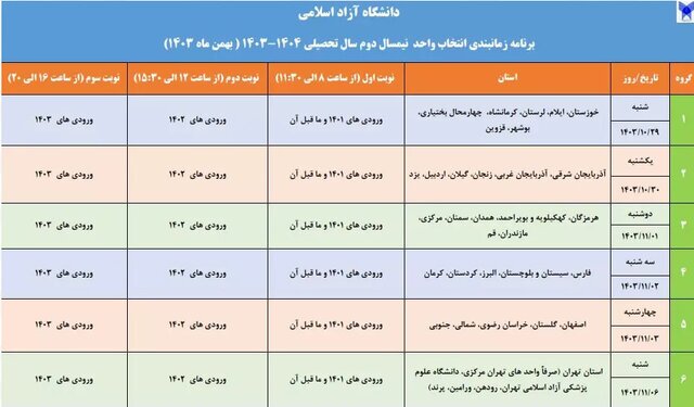 اعلام زمان بندی انتخاب واحد نیمسال دوم سال تحصیلی دانشگاه آزاد