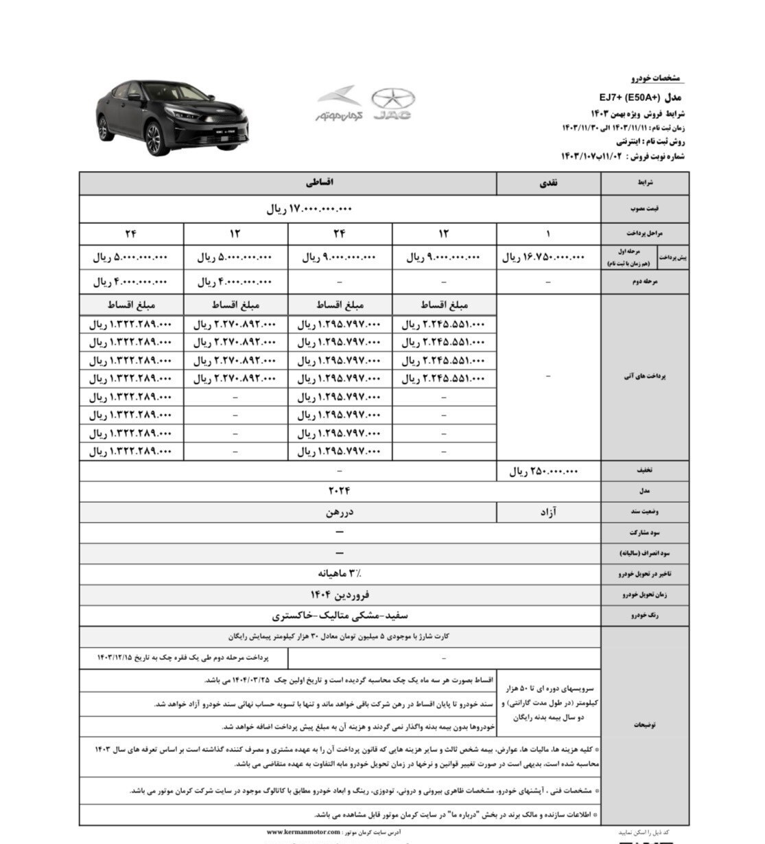 آغاز فروش ویژه EJ ۷ و EJ ۷ پلاس کرمان موتور+جدول