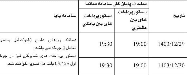 افزایش ساعات کاری ساتنا و پایا در ایام پایانی سال ۱۴۰۳