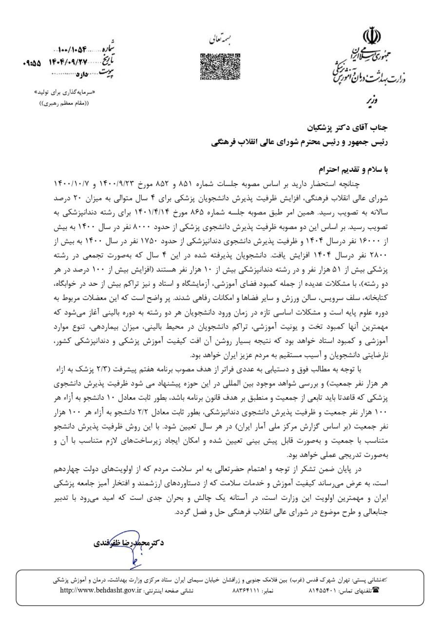 بازخوانی نامه اخیر وزیر بهداشت از نگاهی دیگر / آیا شاهد بازگشت ظرفیت پزشکی به سال ۱۴۰۰ خواهیم بود؟ بازخوانی نامه اخیر وزیر بهداشت از نگاهی دیگر / آیا شاهد بازگشت ظرفیت پزشکی به سال ۱۴۰۰ خواهیم بود؟