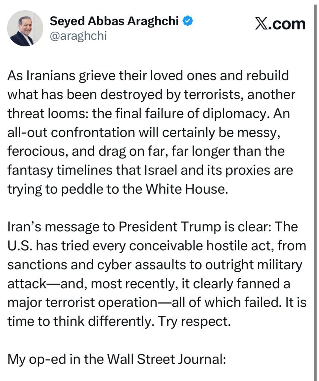 عراقچی خطاب به رئیس جمهور آمریکا: همه گزینههای شما شکست خوردهاند، زمان آن فرا رسیده که احترام را امتحان کنید + عکس عراقچی خطاب به رئیس جمهور آمریکا: همه گزینههای شما شکست خوردهاند، زمان آن فرا رسیده که احترام را امتحان کنید + عکس