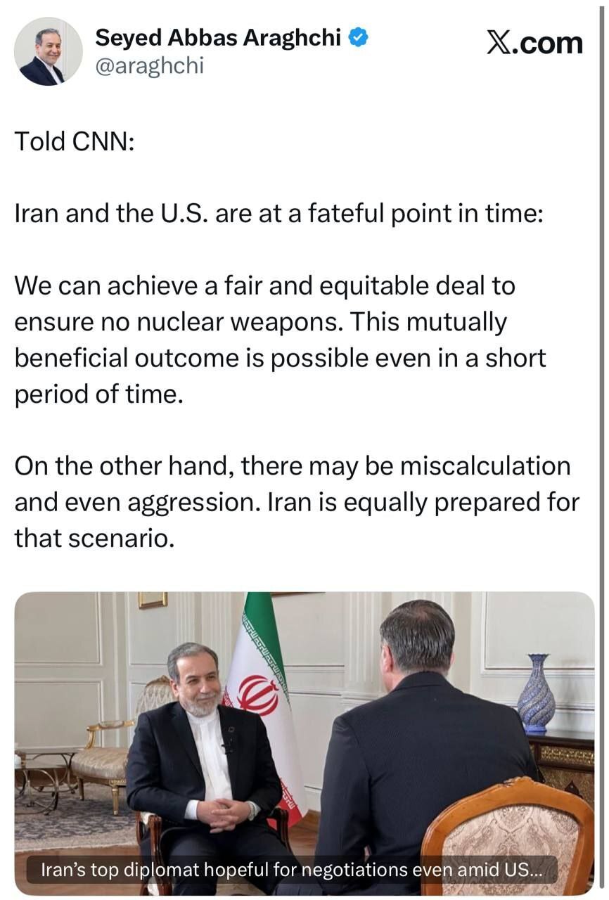 پیام سید عباس عراقچی وزیر خارجه کشورمان در مصاحبه با شبکه آمریکایی: آمادگی جمهوری اسلامی ایران برای توافق عادلانه و منصفانه یا دفاع در برابر تجاوز + عکس پیام سید عباس عراقچی وزیر خارجه کشورمان در مصاحبه با شبکه آمریکایی: آمادگی جمهوری اسلامی ایران برای توافق عادلانه و منصفانه یا دفاع در برابر تجاوز + عکس