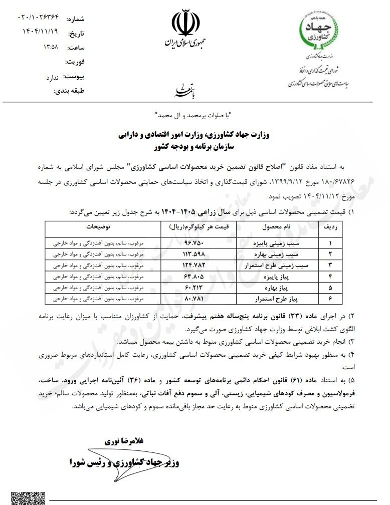 قیمت خرید تضمینی سیب&zwnj;زمینی و پیاز از کشاورزان اعلام شد + جدول قیمت&zwnj;ها