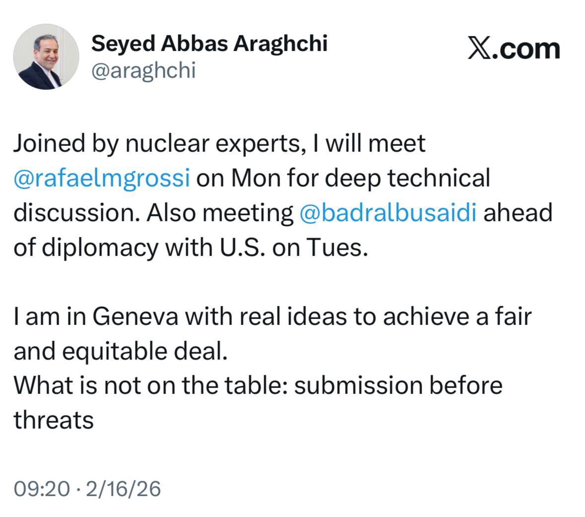 عراقچی: برای دستیابی به توافقی عادلانه و متوازن به ژنو آمده&zwnj;ام