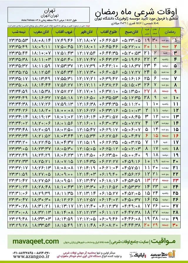 اذان صبح و اذان مغرب تهران در طول کل ماه رمضان ۱۴۰۴