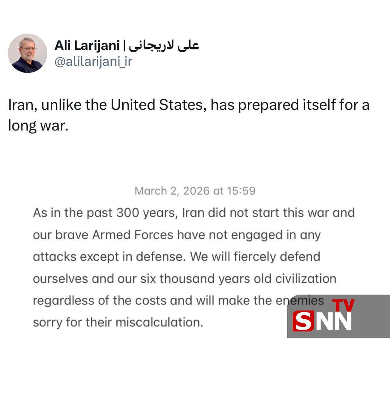 دبیر شورای عالی امنیت ملی: ایران برای یک جنگ طولانی مدت آماده است. برخلاف آمادگی امریکا