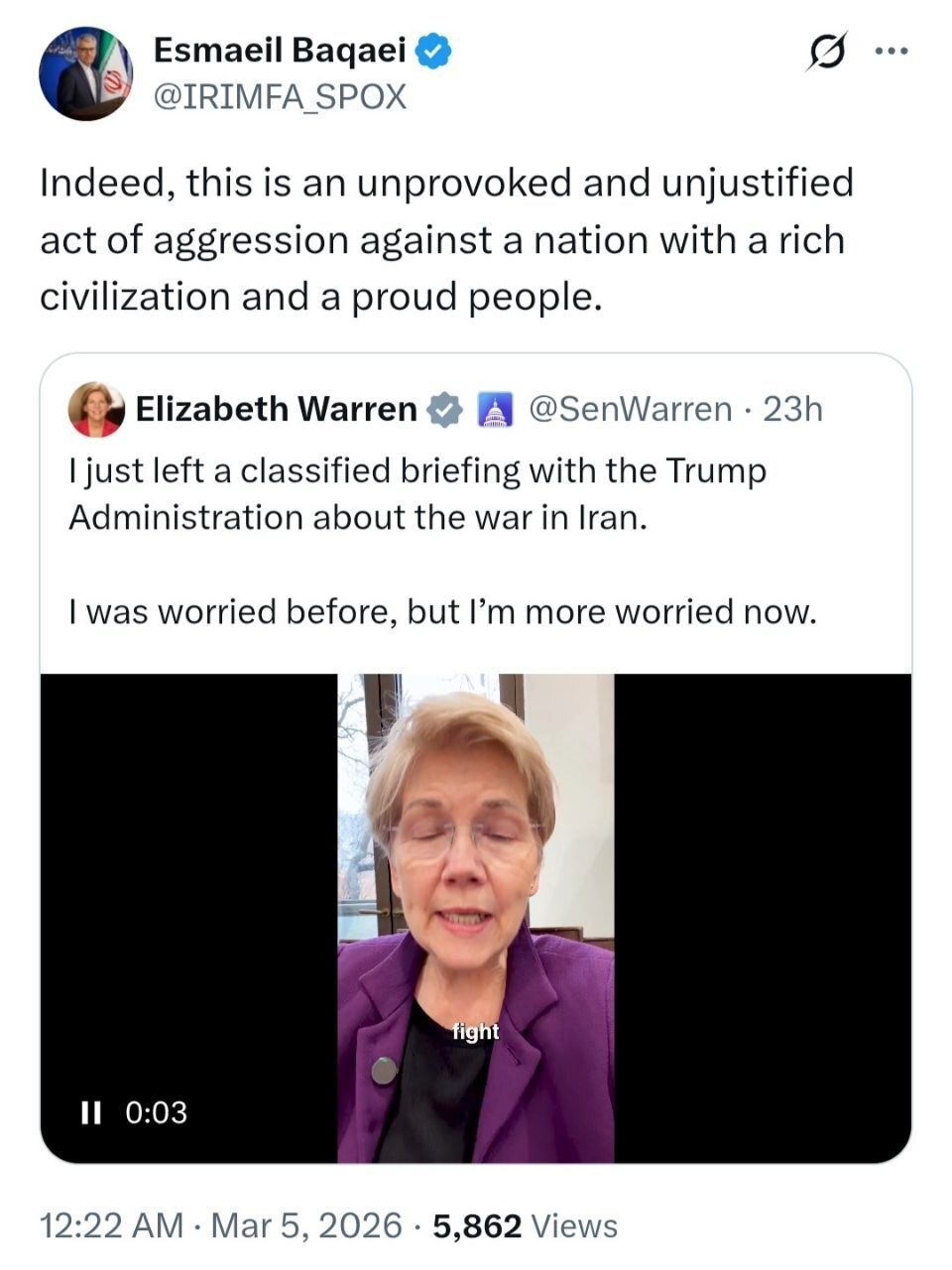 واکنش بقائی به اظهارات ضد جنگ سناتور آمریکایی الیزابت وارن + فیلم