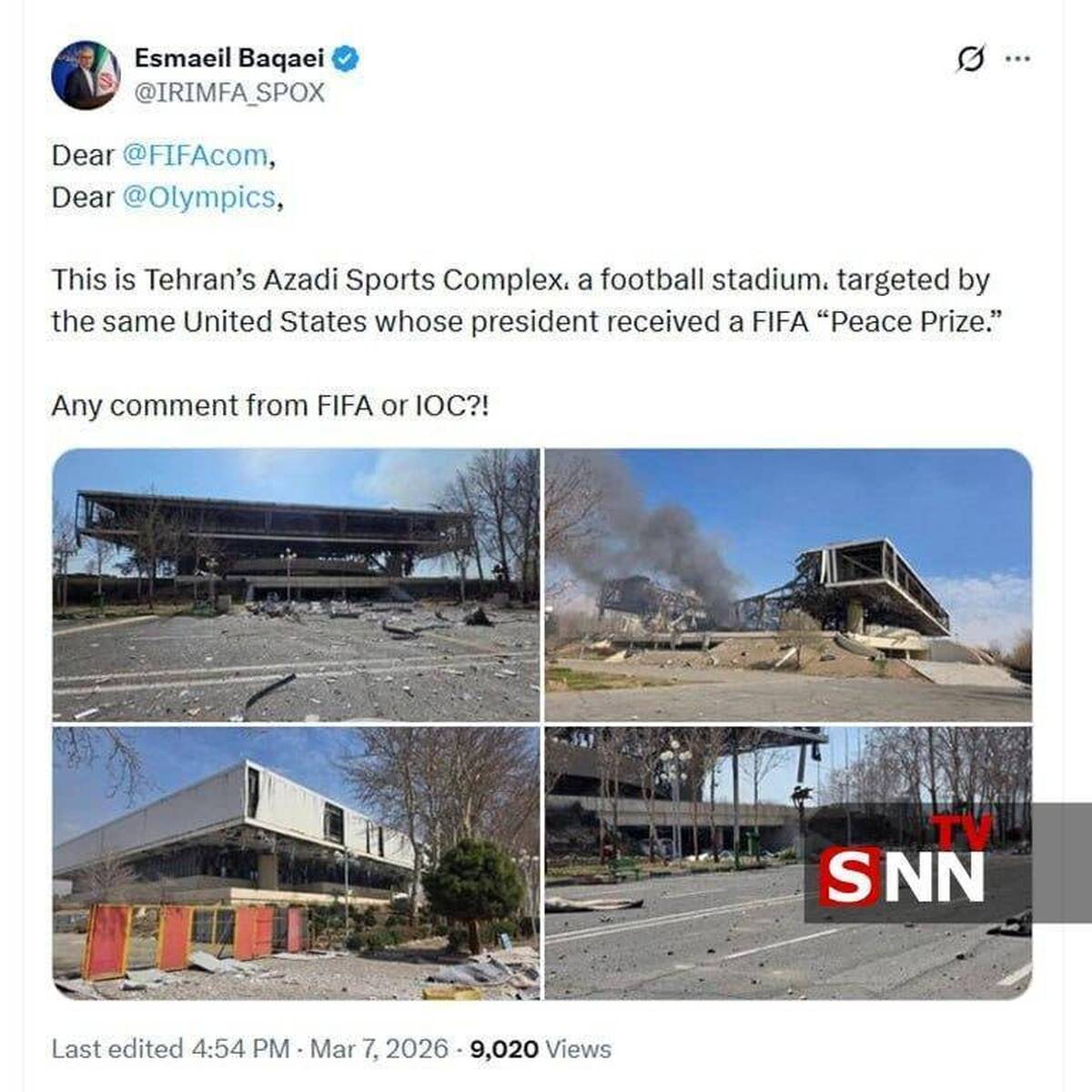 سخنگوی وزارت امور خارجه: آیا فیفا و کمیته بین‌المللی المپیک در مورد حمله به ورزشگاه آزادی توسط دریافت کننده «جایزه صلح» نظری ندارند؟!