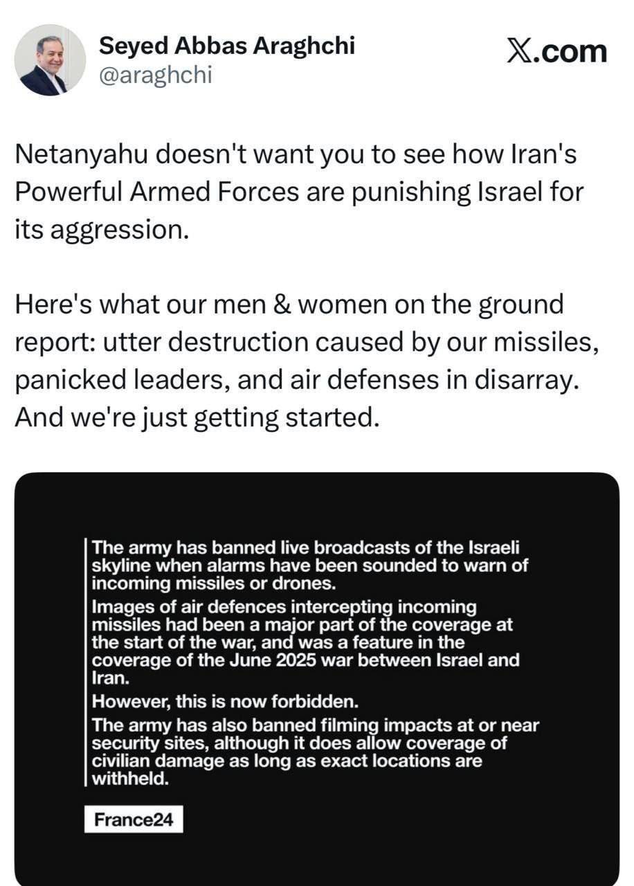 عراقچی: نیرو&zwnj;های مسلح قدرتمند ایران در حال مجازات اسرائیل به&zwnj;خاطر تجاوزش هستند/ ما تازه شروع کرده&zwnj;ایم!