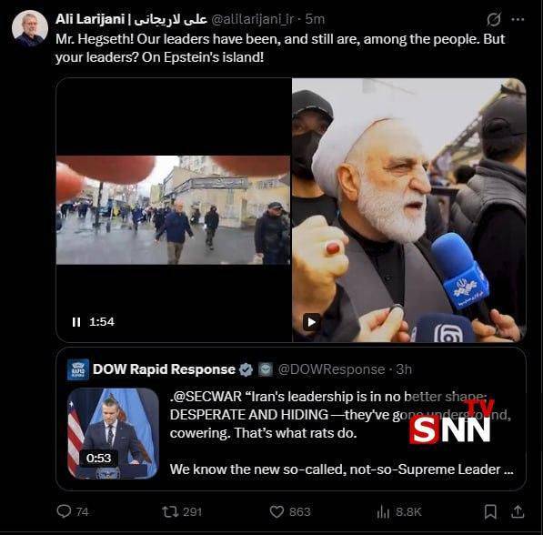 لاریجانی : آقای هگست! رهبران ما در همه این سالها در بین مردم بوده&zwnj;اند و هستند؛ اما رهبران شما در جزیره اپستین! + عکس