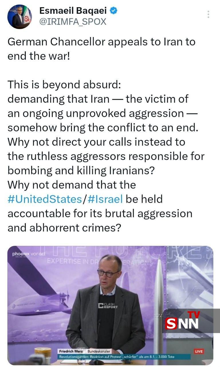 پاسخ سخنگوی وزارت خارجه به صدر اعظم آلمان در خصوص پایان دادن به جنگ + عکس پاسخ سخنگوی وزارت خارجه به صدر اعظم آلمان در خصوص پایان دادن به جنگ + عکس