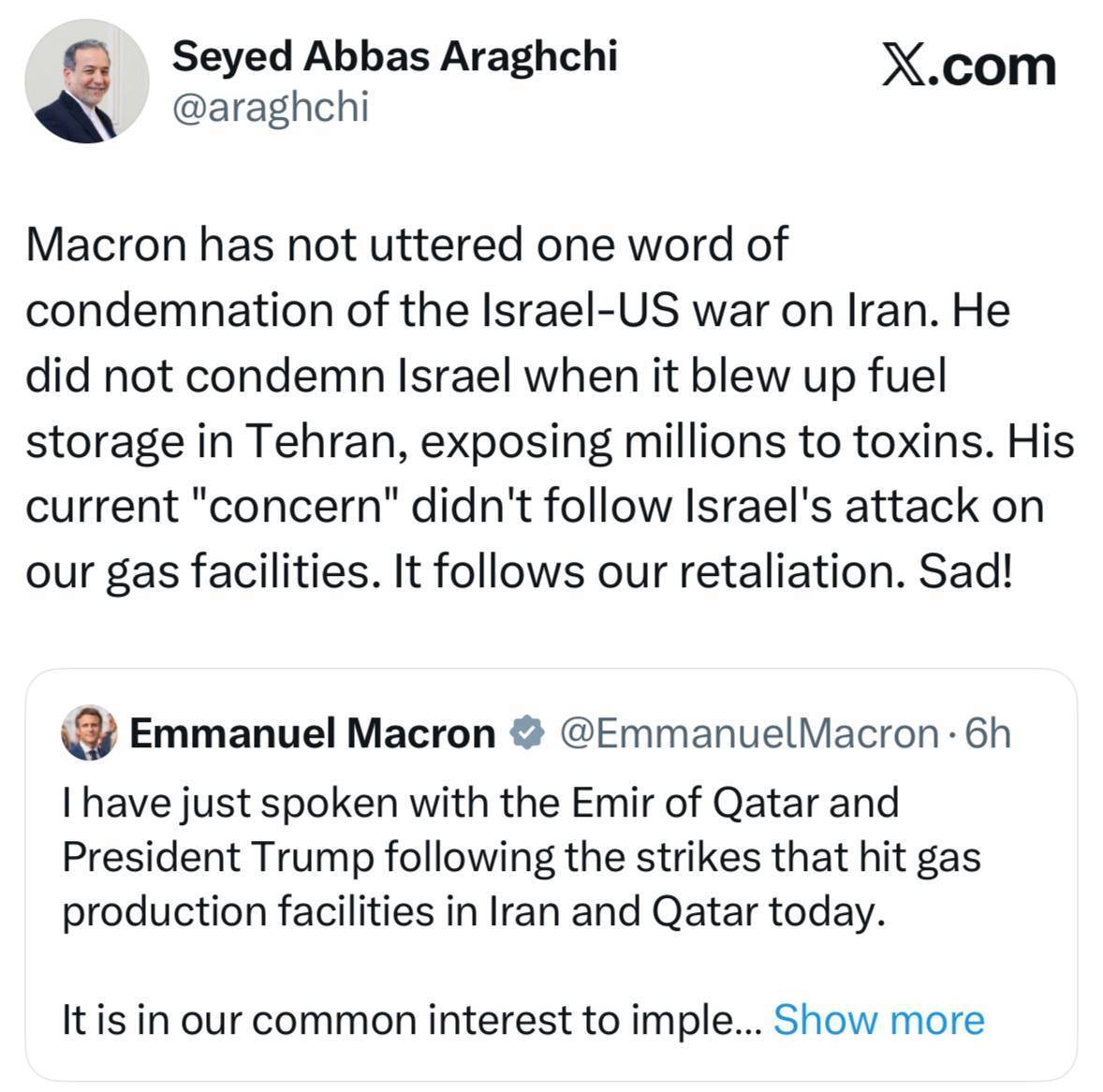 انتقاد وزیر خارجه کشورمان از سکوت و انفعال رئیس جمهور فرانسه