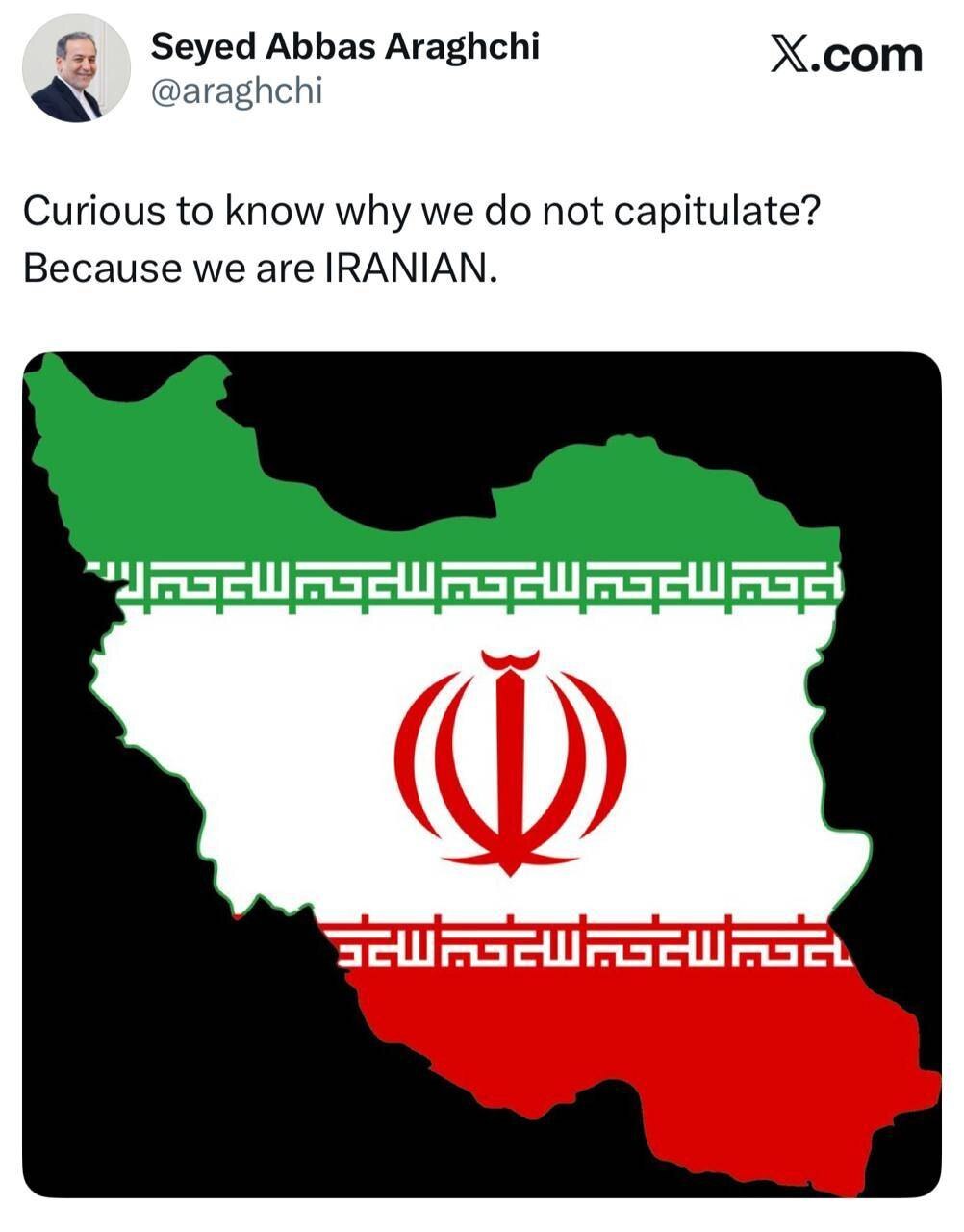 پاسخ عراقچی به کنجکاوی ترامپ؛ تسلیم نمی شویم چون ما ایرانی هستیم + عکس پاسخ عراقچی به کنجکاوی ترامپ؛ تسلیم نمی شویم چون ما ایرانی هستیم + عکس