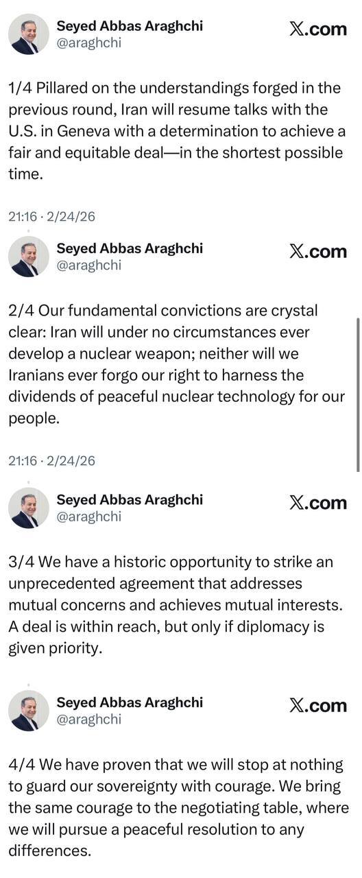 پیام سید عباس عراقچی وزیر امور خارجه؛ اگر به دیپلماسی اولویت داده شود، دستیابی به توافق  ممکن است