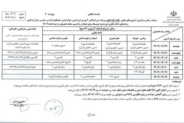 برنامه امتحانات نهایی منتشر شد؛ شروع آزمون‌ها از ۲۸ اردیبهشت