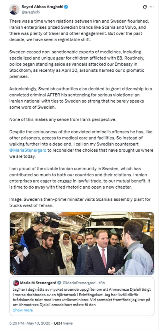 پیام سید عباس عراقچی وزیر امور خارجه در شبکه ایکس: از منظر جمهوری اسلامی ایران، تصمیمات سوئد نه قابل درک است و نه قابل توجیه