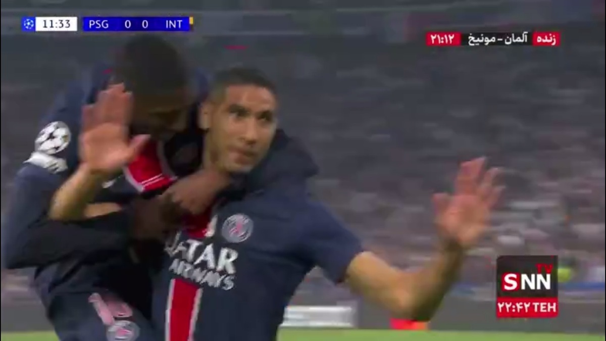 گل اول پاری&zwnj;سن&zwnj;ژرمن به اینتر توسط اشرف حکیمی در دقیقه 12