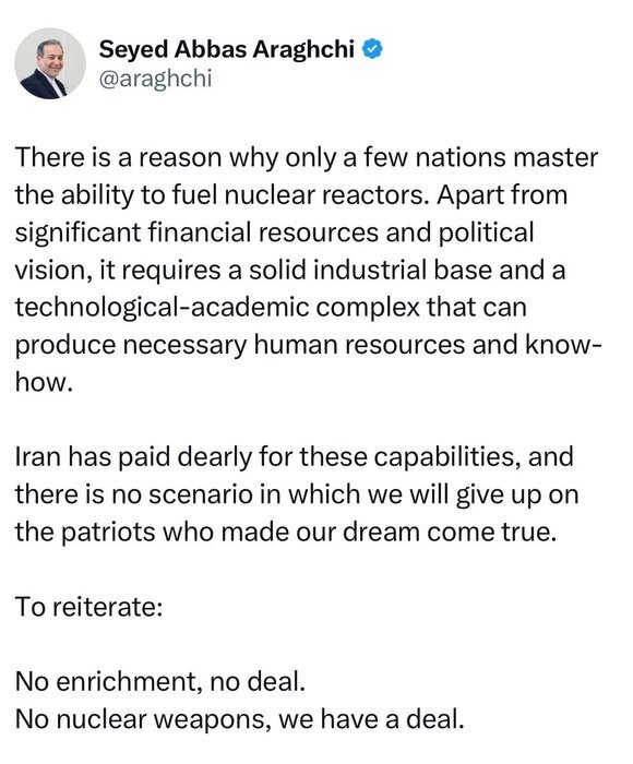 عراقچی: با نفی غنی&zwnj;سازی، توافقی در کار نخواهد بود/ وطن&zwnj;پرستان ایران را ناامید نخواهیم کرد