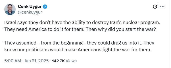 مدیر شبکه TYT آمریکا: اسرائیل نمیتونه، ما باید بجنگیم؟! + عکس مدیر شبکه TYT آمریکا: اسرائیل نمیتونه، ما باید بجنگیم؟! + عکس