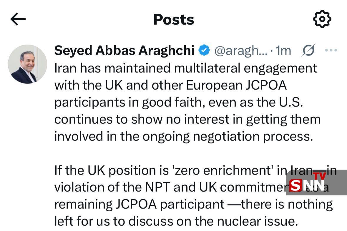 عراقچی: اگر بریتانیا خواهان &laquo;غنی&zwnj;سازی صفر&raquo; باشد، گفت&zwnj;وگویی درباره پرونده هسته&zwnj;ای باقی نمی&zwnj;ماند