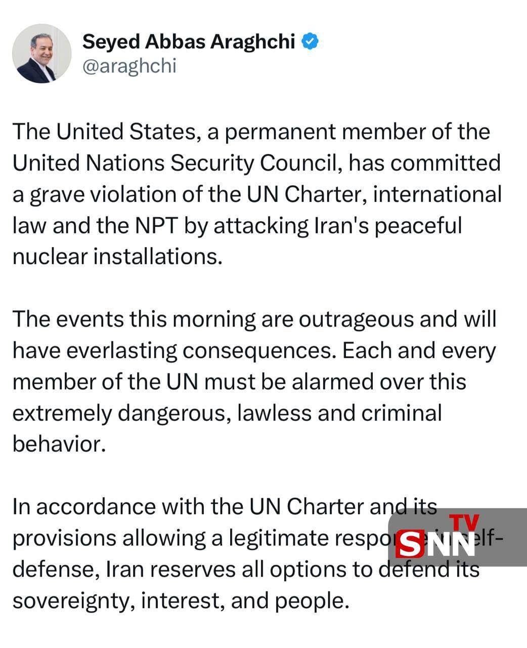 عراقچی: ایران تمامی گزینهها را برای دفاع از حاکمیت، منافع و مردم خود محفوظ میدارد عراقچی: ایران تمامی گزینهها را برای دفاع از حاکمیت، منافع و مردم خود محفوظ میدارد