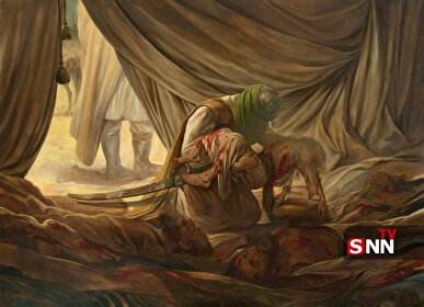 جدیدترین تابلوی حسن روح‌الامینی/بازگرداندن پیکر حضرت قاسم(ع) به خیمه‌ دارالحرب در روز عاشورا