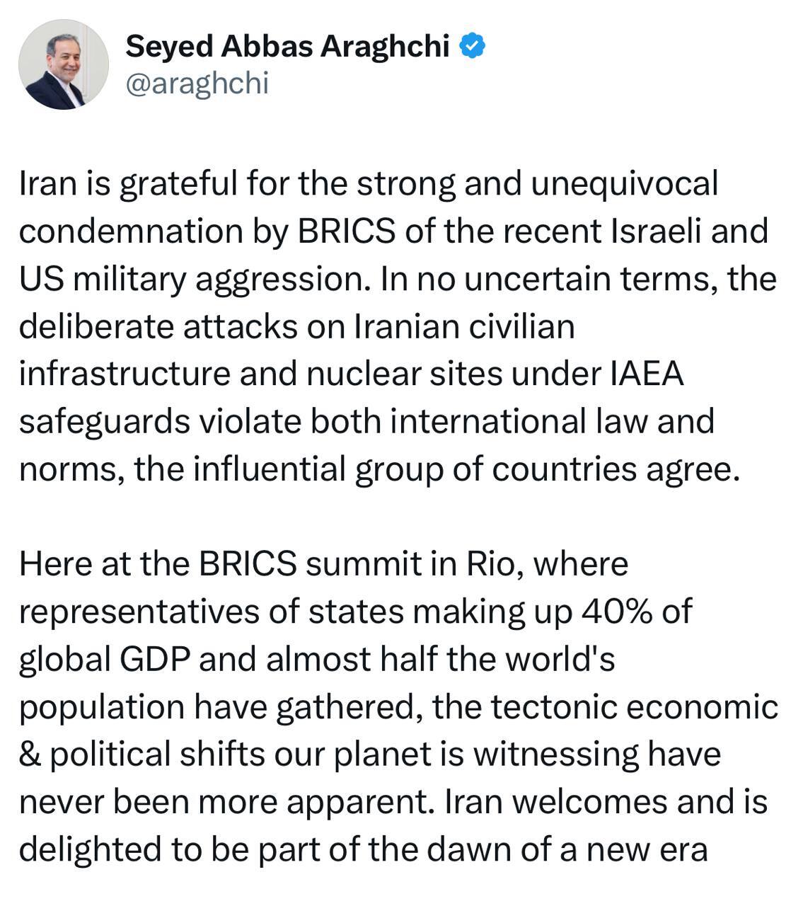 عراقچی: ایران از محکومیت قاطع تجاوزات اخیر رژیم اسرائیل و آمریکا توسط بریکس قدردانی می&zwnj;کند