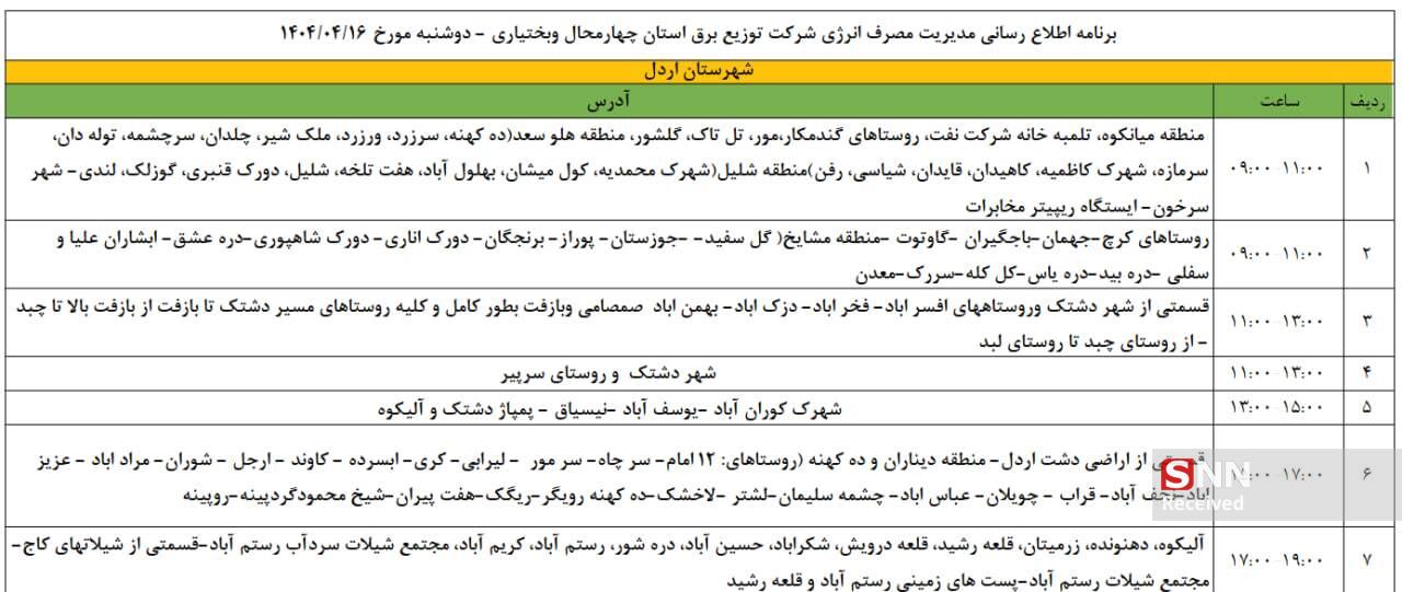 جدول قطعی برق ۱۶ تیرماه در چهارمحال و بختیاری
