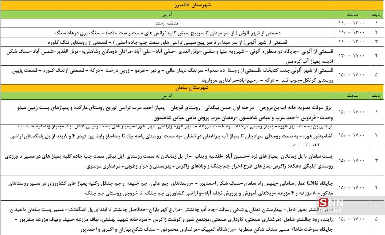 جدول قطعی برق ۱۶ تیرماه در چهارمحال و بختیاری