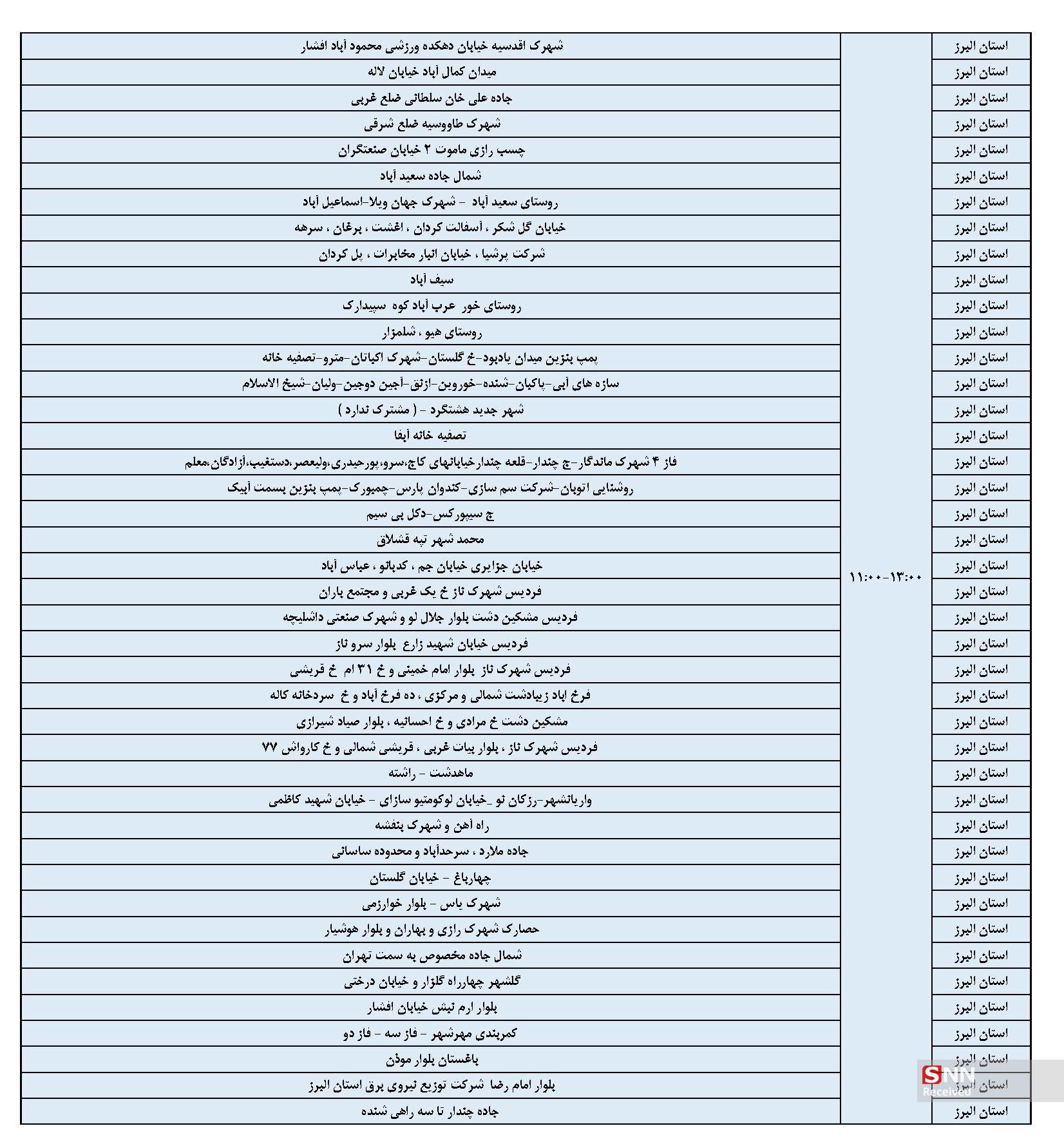 اعلام برنامه خاموشی برق در بخش خانگی استان البرز اعلام برنامه خاموشی برق در بخش خانگی استان البرز