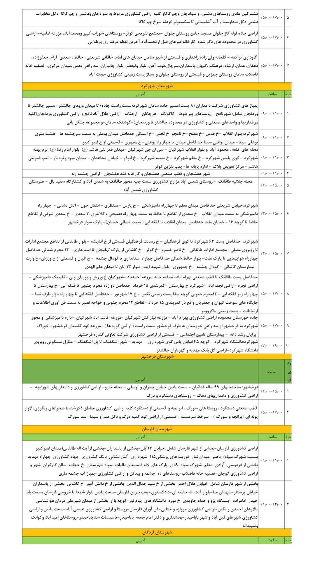 جدول قطعی برق ۲۴ تیرماه در چهارمحال و بختیاری