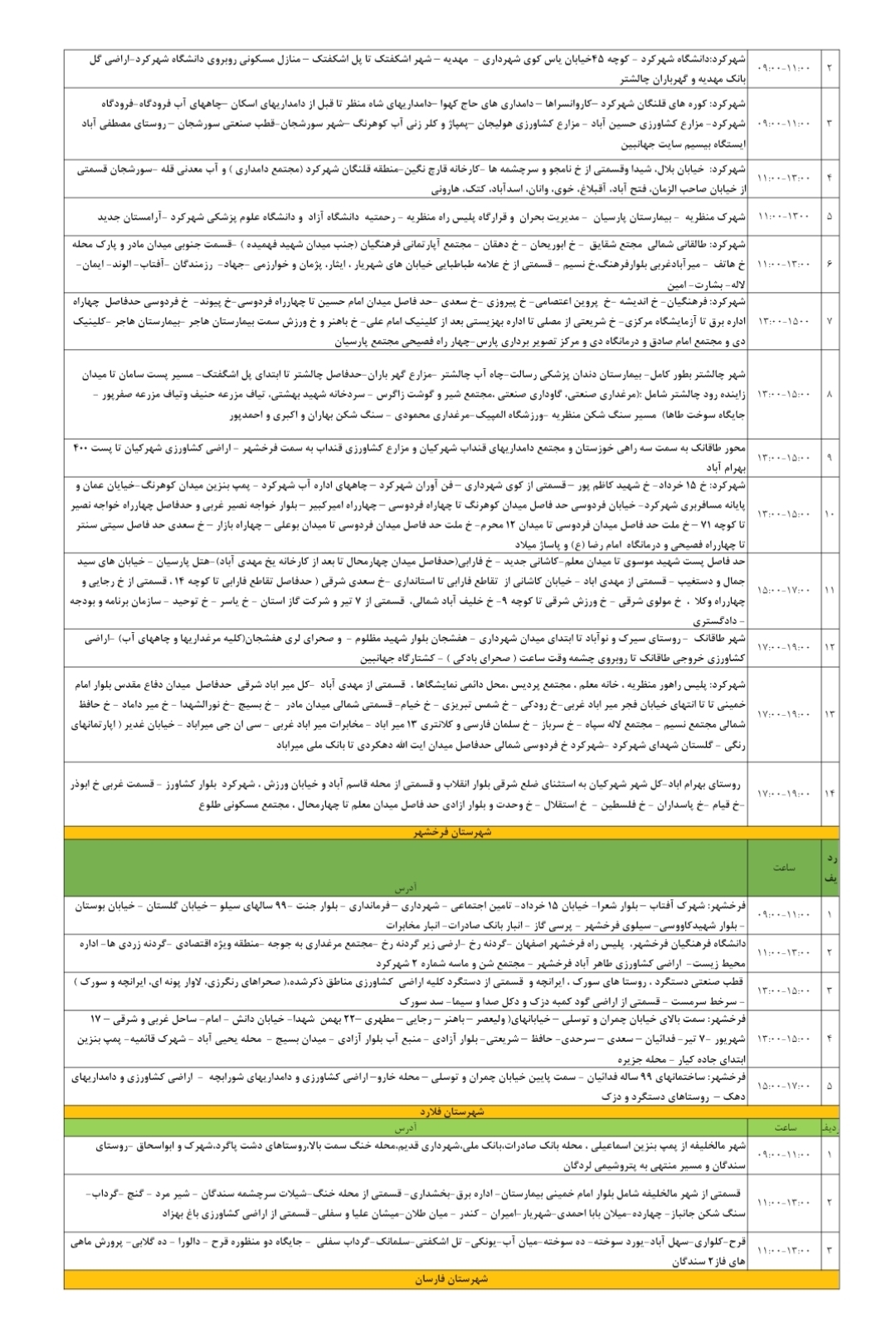 جدول قطعی برق ۲۵ تیرماه در چهارمحال و بختیاری