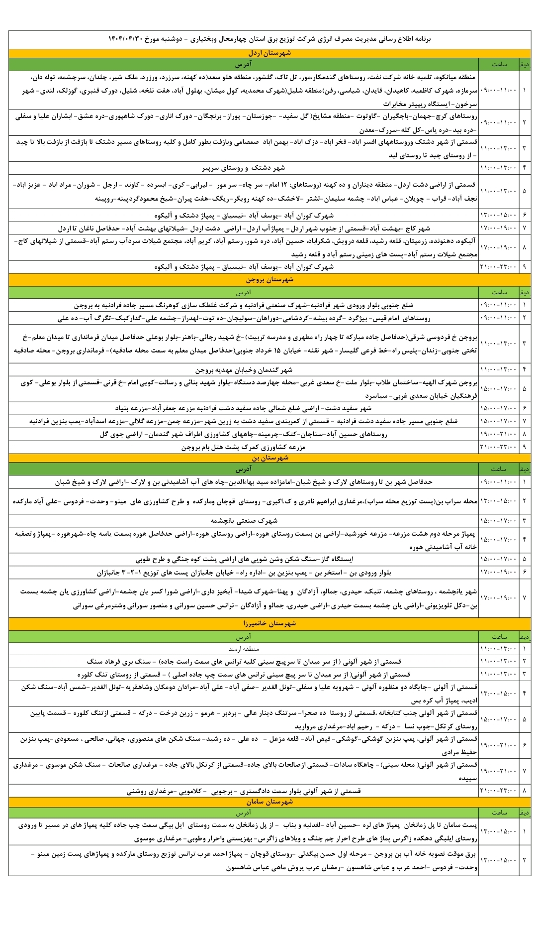 جدول قطعی برق ۳۰ تیرماه در چهارمحال و بختیاری