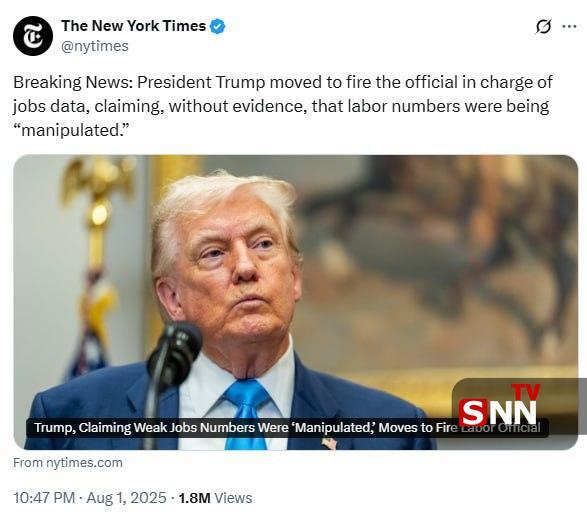 ترامپ در واکنش به ضعف بازار کار، رئیس اداره آمار کار را برکنار کرد!